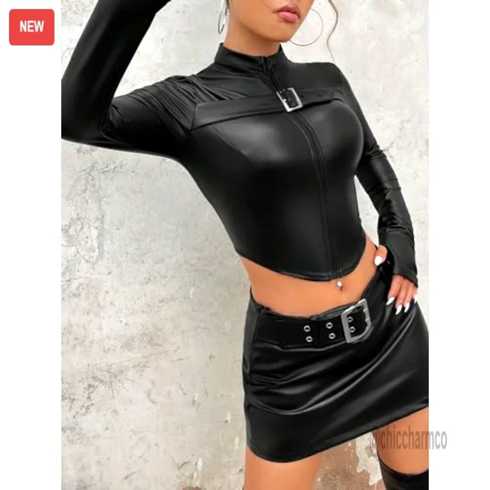 Leather Cropped Jacket Zip Up Outerwear Long Sleeve Stand Collar - Picture 4 of 6